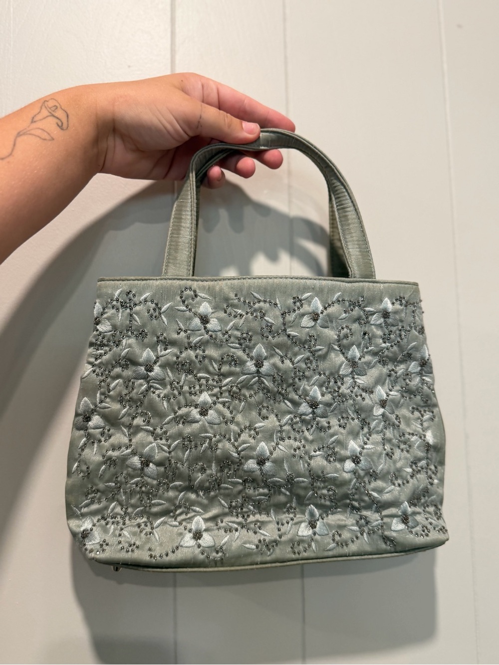 Embroidered Floral Handbag in dusty blueGreen